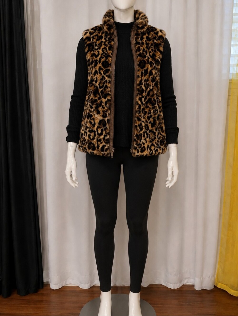 Leopard Print Open-Front Faux Fur Jacket - Brown/Black